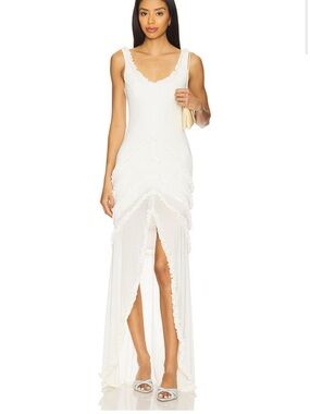 afrm airess ruffle maxi dress AFRM Airess ruffle rosette detail maxi dress in airy